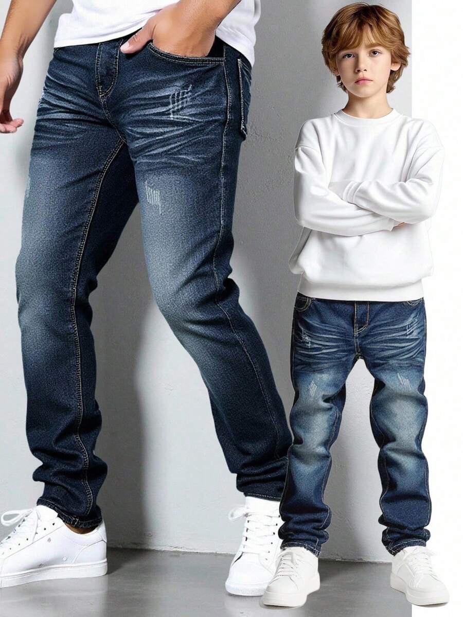 青少年男孩破洞牛仔裤,复古水洗,休闲校园风格,舒适棉质,适合日常穿着和上学,秋冬季 - 藏蓝色 - 查看 1