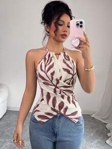 SHEIN Clasi 女款夏季優雅熱帶歐式休閒黑白豹紋葉片印花無袖掛脖蝴蝶結背心上衣 度假園遊會適用 - 彩色 - 查看 5