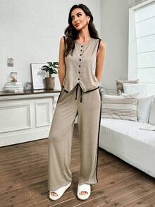SHEIN 简约纯色开衫上衣和裤子女士睡衣套装，休闲家居服 - 卡其色 - 查看 8