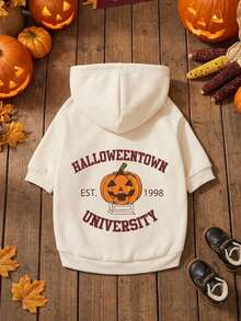 PETSIN 1pc Evil Pumpkin Pattern And Letter Printed Pet Hoodie, White Casual Style, Thick Warm Pet Clothing For Autumn And Winter - Beige - View 4