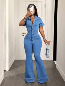 BamGleam Jumpsuit Denim Kasual Wanita dengan Kancing, Model Flare untuk Sehari-hari - Biru - View 4