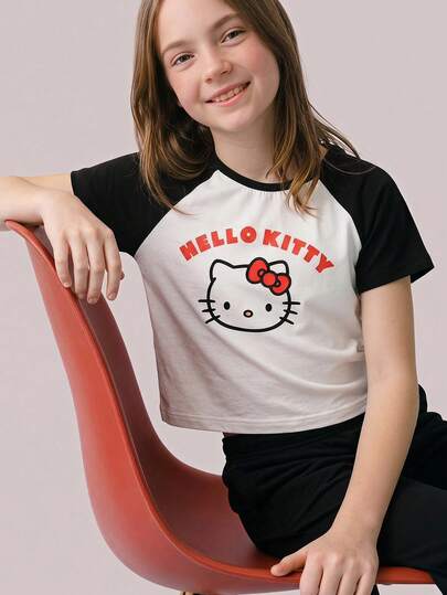 Maija Kids HELLO KITTY AND FRIENDS | SHEIN Maija Kids 1 Pc Tween Girl Casual Elegant Cute Exquisite Comfortable Knit Cartoon Pattern Black & White Contrast Raglan Short Sleeve Pullover T-Shirt, Suitable For Back To School, Outings, Casual Activities, Summer, Spring And Autumn