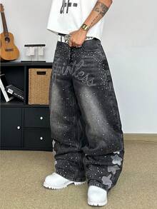 STEELVANCE Celana Jeans Denim Kasual Gaya Jalanan Retro Serbaguna dengan Desain Kumis Kucing dan Rhinestone, Potongan Longgar, Lurus, dan Lebar (Tidak Termasuk Sabuk atau Aksesoris) - Hitam - View 6