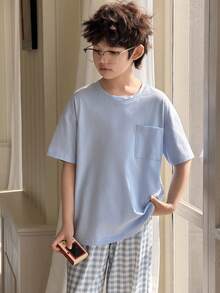 DAZY Tween Boy Summer Casual Comfortable Pocket Tee And Plaid Shorts Pajama Set Spring - Blue - View 4