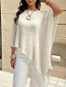 SHEIN Franclia 女款純色圓領不對稱下擺寬鬆毛衣 - 白色 - 查看 6