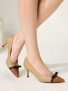 CUCCOO CHICEST Women's New Camel Brown Colorblock Pointed Toe Bow Low Cut Stiletto High Heels PU Leather Fashion Elegant Wedding Party Fall Shoes - camel brown - View 6
