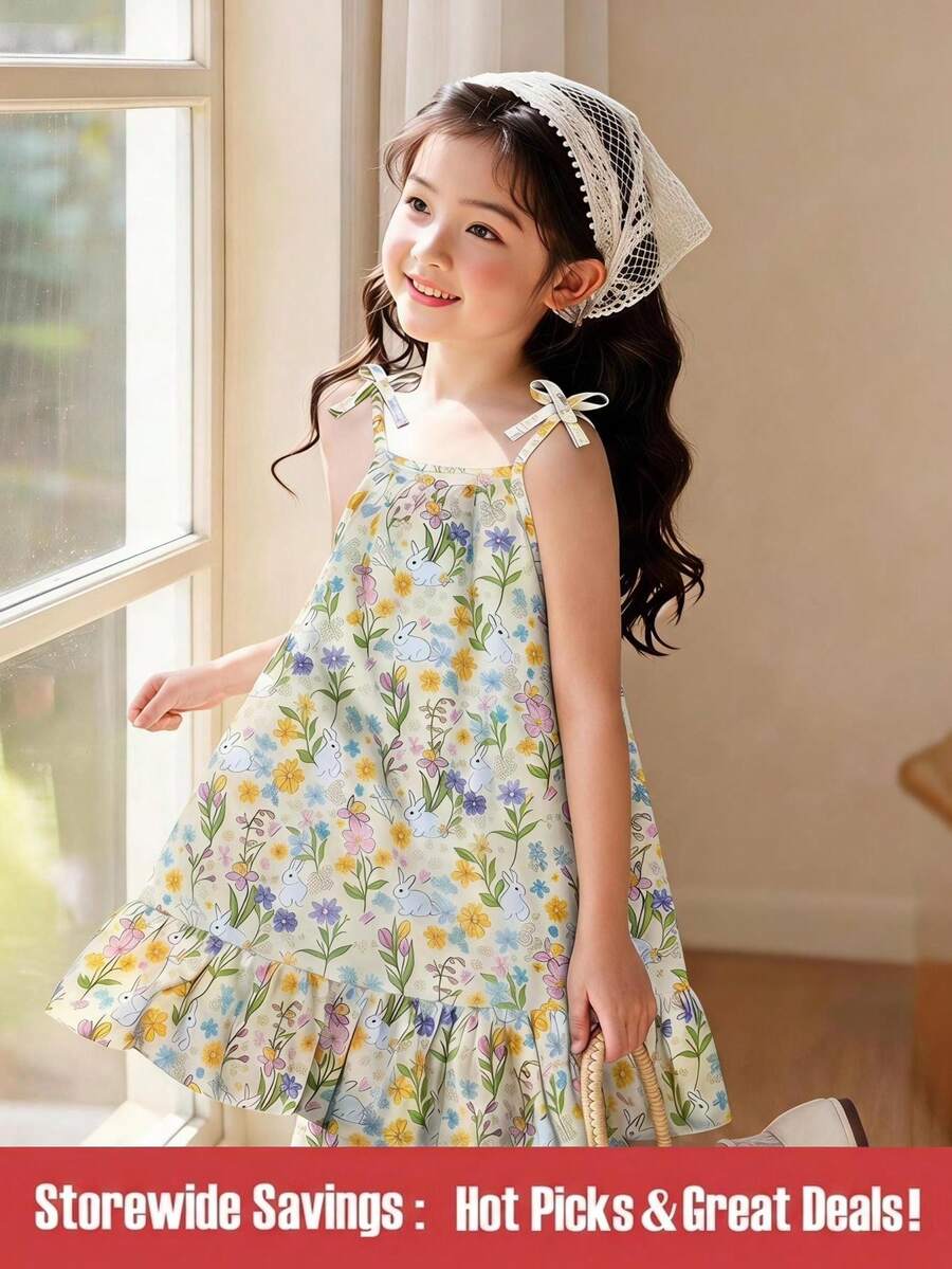 SHEIN Girls Woven Fabric Rabbit Floral All-Over Print Ruffle Hem Strap Dress, White, Summer, Fairy Athletic, Matching, Family Vacation, Casual Wear, Outings - Multicolor - View 1