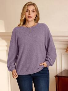 EMERY ROSE Plus Size Women Solid Color Round Neck Drop Shoulder Long Sleeve Casual Loose Sweatshirt - Dusty Purple - View 6