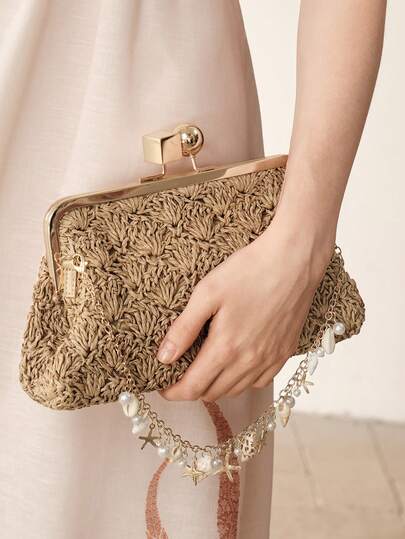 MOTF BOLSO DE CLUTCH DE PAJA HECHO A MANO COLOR CAQUI PARA MUJER, HERRAJES EXQUISITOS, ESTILO DE DISEÑO, ADECUADO PARA COMPRAS, FIESTAS, VACACIONES, VIAJES, PLAYA,