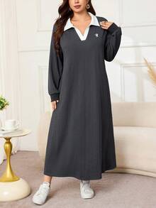 Lacomfia Plus Size Women's Colorblock Collared Long Sleeve Casual Sweatshirt Dress - Grey - View 5