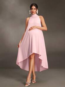 Cheriluna Maternity Elegant Solid Color Halter Neck High-Low Dress For Pregnant Women Party - Pink - View 1