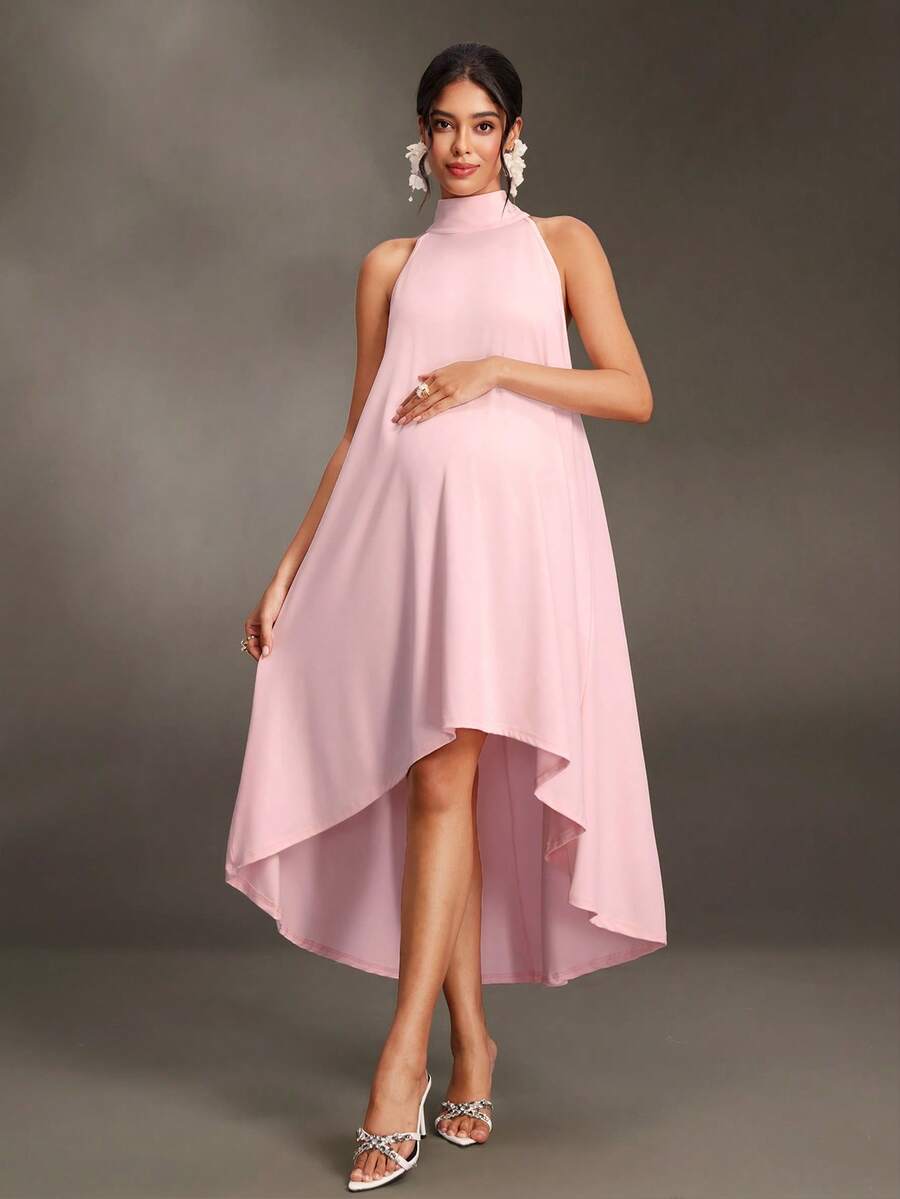 Cheriluna Maternity Elegant Solid Color Halter Neck High-Low Dress For Pregnant Women Party - Pink - View 1