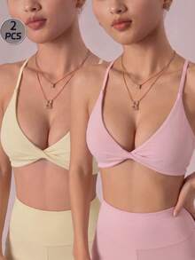 Eassivo Eassivo 2pcs Seamless Sports Yoga Solid Color Bra, Sexy Design, Gym Use, Adjustable Straps, Front Twist Design, Cross Back Design - Multicolor - View 1