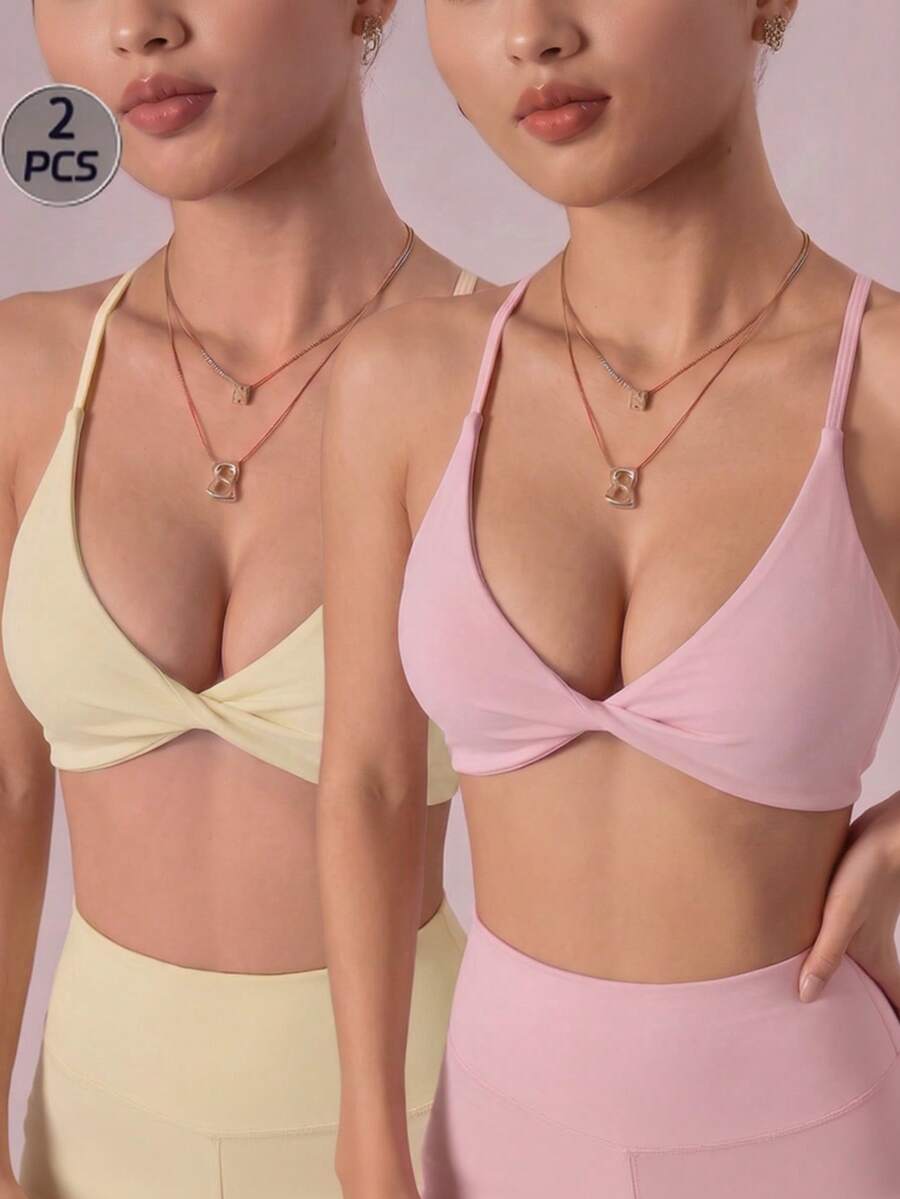 Eassivo Eassivo 2pcs Seamless Sports Yoga Solid Color Bra, Sexy Design, Gym Use, Adjustable Straps, Front Twist Design, Cross Back Design - Multicolor - View 1