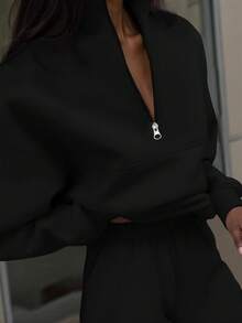 SHEIN EZwear 女士休闲百搭纯色圆领运动衫，适合毕业、教师、返校秋季穿着 - 黑色 - 查看 5