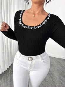 Elenzga Plus Size Women's Autumn/Winter Fuzzy Ribbed Black Slim Fit Waist-Flattering Long Sleeve Top, Elegant Neckline With Pearl Decoration, Suitable For Autumn/Winter Layering T-Shirt, Women's Casual Top, Women's Commute , Women's Fashion - Black - View 4