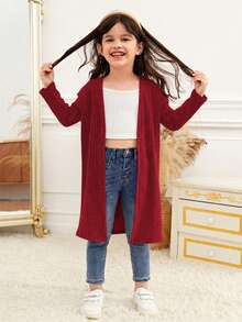SHEIN Jaket Kasual Nyaman untuk Anak Perempuan, Lengan Panjang Terbuka Depan, Warna Polos, Tanpa Saku, Musim Gugur (9), Musim Dingin (2), Hitam - Merah - View 5