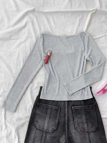 Tween Girl Tween Girl Tween Girls Lace Trim Patchwork Elastic Fitted Ribbed Long Sleeve T-Shirt - Grey - View 2