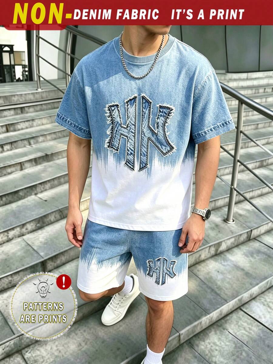 (1套)青少年男孩休閒時尚符號藍白漸層圖案基本款短袖T恤+短褲,舒適夏季日常穿搭 - 彩色 - 查看 1