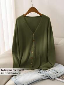 CosyJoli Women's Plus Size Solid Color Basic Cardigan, Casual Loose Button-Up Long Sleeve Top In Fall/Winter - Green - View 14