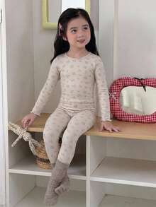 DAZY Ditsy Floral Fitted Long Sleeve Top And Long Pants 2 Pieces Set, Young Girls Ditsy Floral Round Neck Loungewear Fall - Beige - View 3