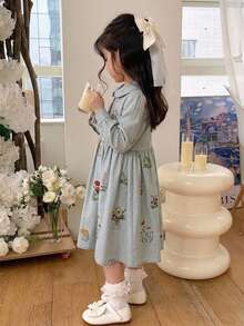Dazy Kids 女童花卉印花百褶休閒日常夏季洋裝 - 灰色 - 查看 5