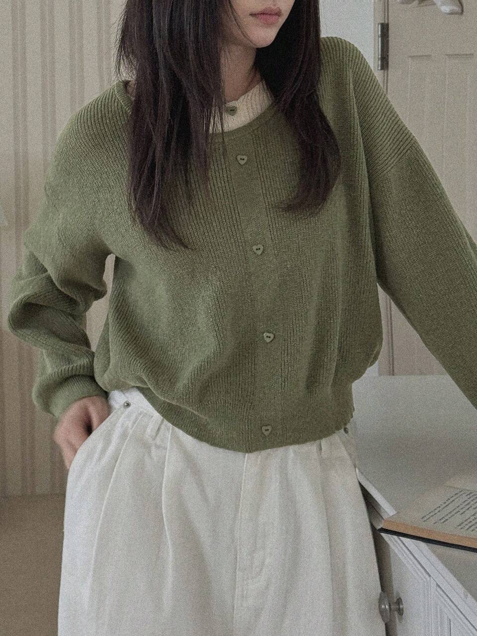 Patchwork 2 In 1 Loose Round Neck Long Sleeve Button Decor Casual Vacation Pullover Knit Sweater For Women Autumn/Winter