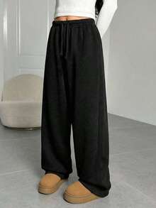 SHEIN Celana Panjang Olahraga Lurus Longgar dengan Tali Serut, Bahan Beludru Tebal, Bahan Plus untuk Musim Gugur dan Musim Dingin, Motif Bunga Abu-abu, Celana Olahraga Kasual untuk Sehari-hari - Hitam - View 4