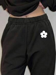 SHEIN 2 件套青少年女孩休闲花卉图案圆领厚运动衫和裤子套装，适合秋冬季 - 黑色 - 查看 3