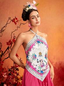 Glamance Frida Kahlo X SHEIN Portrait Print Scarf Neck Backless Top Tank Top Waist-To-Hip Ratio Elegant Mature Casual Sexy Outing Work Office Daily Gathering Party Birthday Vacation Middle East Travel Beach Swimwear Night Out Bohemian Summer - White - View 5