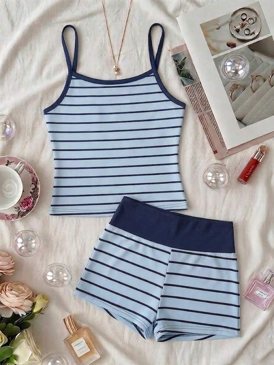 SHEIN 青少年女孩粉色與棕色條紋針織套裝,夏季吊帶上衣與短褲,休閒運動兩件式大童女裝 - 藍色 - 查看 1