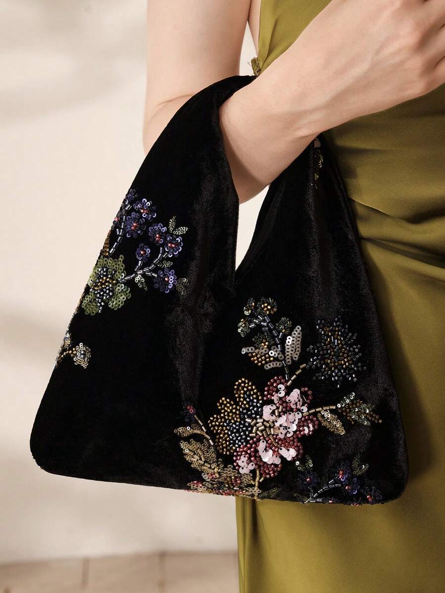 MOTF WOMEN'S FASHION HANDBAG, CLASSIC BLACK VELVET, DELICATE SEQUINED FLOWERS, SUITABLE FOR EVERYDAY, DATING, SHOPPING, HOLIDAY GIFTS - Black - View 1