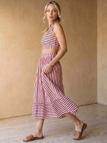 Rouah Women's Stripe Print Tank Top And Long Skirt For Summer - 2 Piece Set, Summer Set, Skirt And Top Set, Resort Set - Red and White - View 5