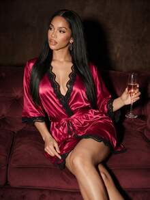 Silforma Ladies' Lace Splice Half Sleeve Sleepwear Robe Luxe Loungewear, Fall, Winter - Burgundy - View 3