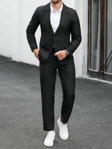 Manfinity Mode Men's Solid Color Casual Business Suit Set, Made Of Textured Fabric, Suitable For Daily Commute, Relaxed Work Environment Or Semi-Formal Occasions, Also An Ideal Gift For Boyfriend And Husband - Black - View 4
