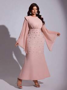 Viva Relle Plus Size Women's New Pink Round Neck Flowing Trumpet Sleeves, Heavy-Duty Nail Bead Long Dress For Women's Dinner Parties Fall - Dusty Pink - View 7