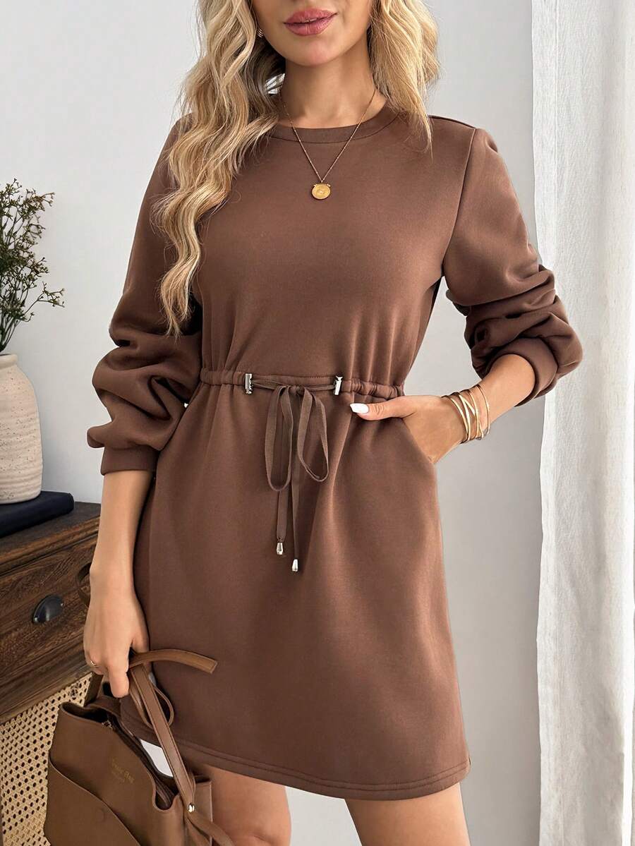 EMERY ROSE Gaun Kasual Wanita Warna Polos untuk Sehari-hari di Musim Gugur, Cocok untuk Makan Siang atau Makan Siang, Warna Cokelat Kopi - Coklat - View 1