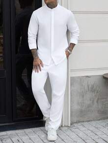 Manfinity CasualCool Men Spring And Autumn Casual Solid Color Shirt & Trousers, Fall Clothes, Formal - White - View 7