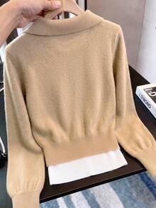GlowEve Women's Deep V-Neck Lapel 2 In 1 Patchwork Lantern Long Sleeve Ribbed Cuffed Hem Sweater Brunch Office Camel White Autumn Casual - Multicolor - View 2