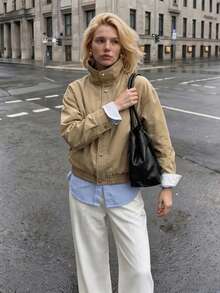 Struktiv Solid Color Khaki Stand Collar Short Jacket For Women, Woven Fabric Front Metal Button Closure Elastic Hem Casual Commute Outerwear - Khaki - View 5