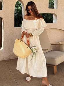 DAZY Autumn/Winter Ruffle Ruffle Long Sleeve Cinched Waist Hollow Embroidery Cotton Fabric Pastoral Style Women's Midi Dress - Apricot - View 4