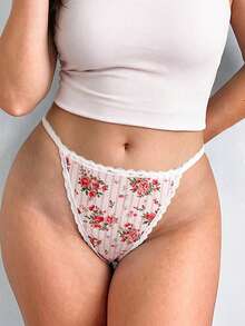 SHEIN Rosa romantiska pastorala plus size-trosor med blommigt tryck och spetspatchwork - Rosa - Visa 1