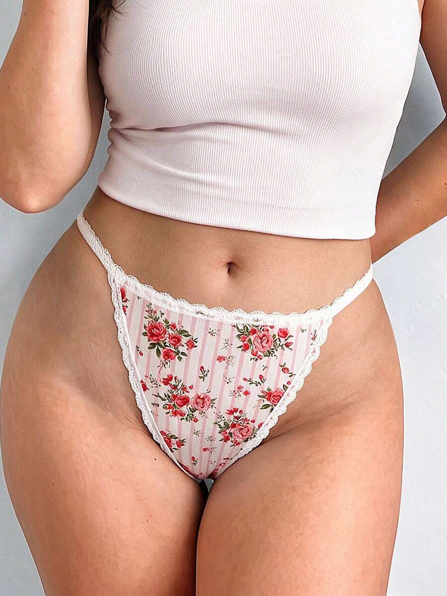 SHEIN Rosa romantiska pastorala plus size-trosor med blommigt tryck och spetspatchwork - Rosa - Visa 1