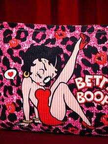 Betty Boop X Joivida 1個可愛卡通燈芯絨盥洗包，大容量，輕巧便攜，可折疊，透氣耐用 - 卡通-2 - 查看 4
