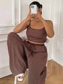 Dazy Plus Striped Slim Fit Camisole Top & Pajama Pants Set, Plus Size Women's Spring/Summer Loungewear - Brown - View 1