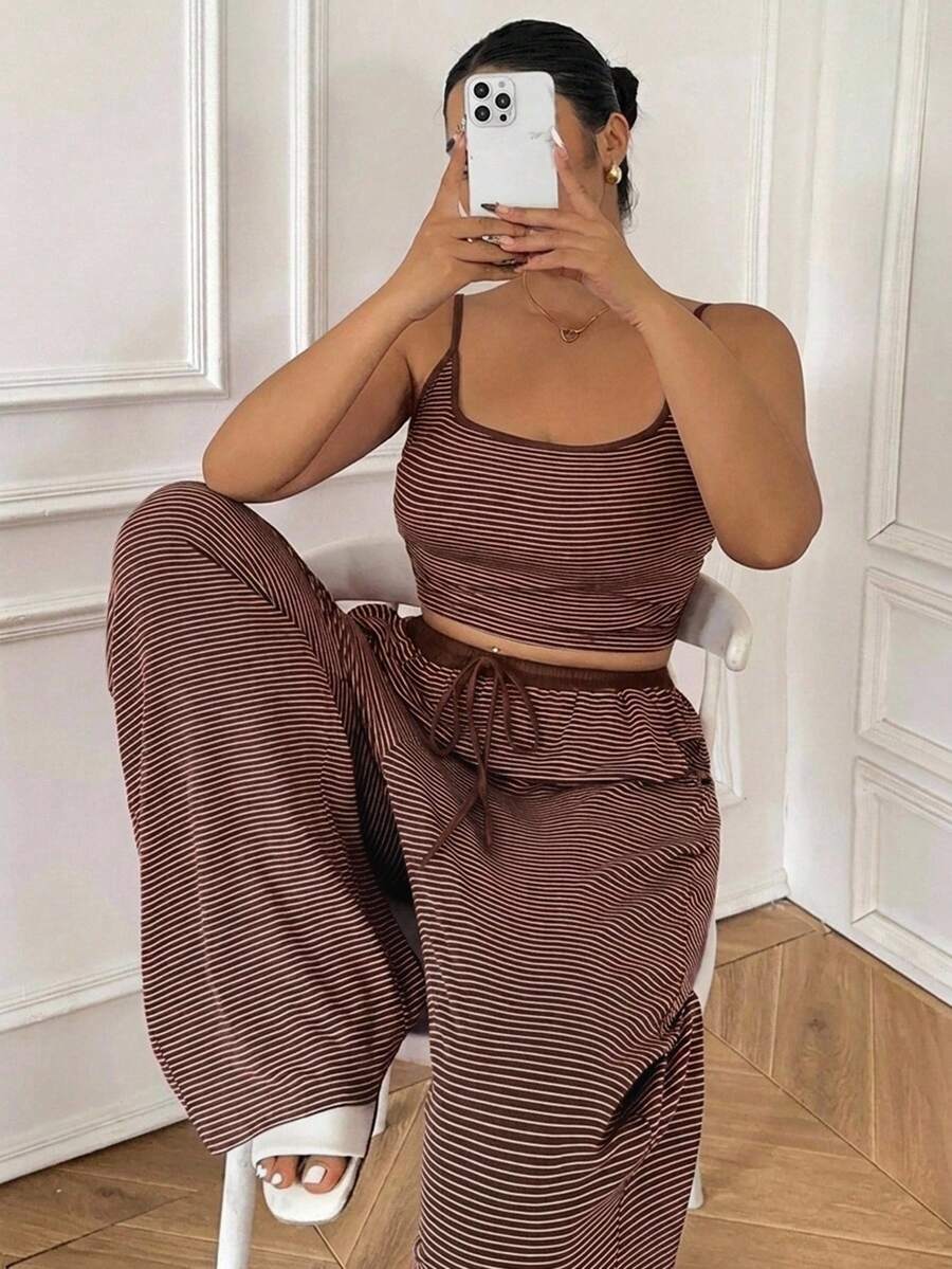 Dazy Plus Striped Slim Fit Camisole Top & Pajama Pants Set, Plus Size Women's Spring/Summer Loungewear - Brown - View 1