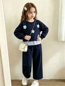 Elladie kids 2件套女童韩版宽松碎花灰色卫衣，带蝴蝶结装饰，看起来像两件套 - 寶藍色 - 查看 1