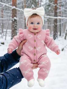 SHEIN 0-3 Months Baby Girl Knitted Romper, Button Front, Bow Tie, Newborn Photography Outfit - Baby Pink - View 2