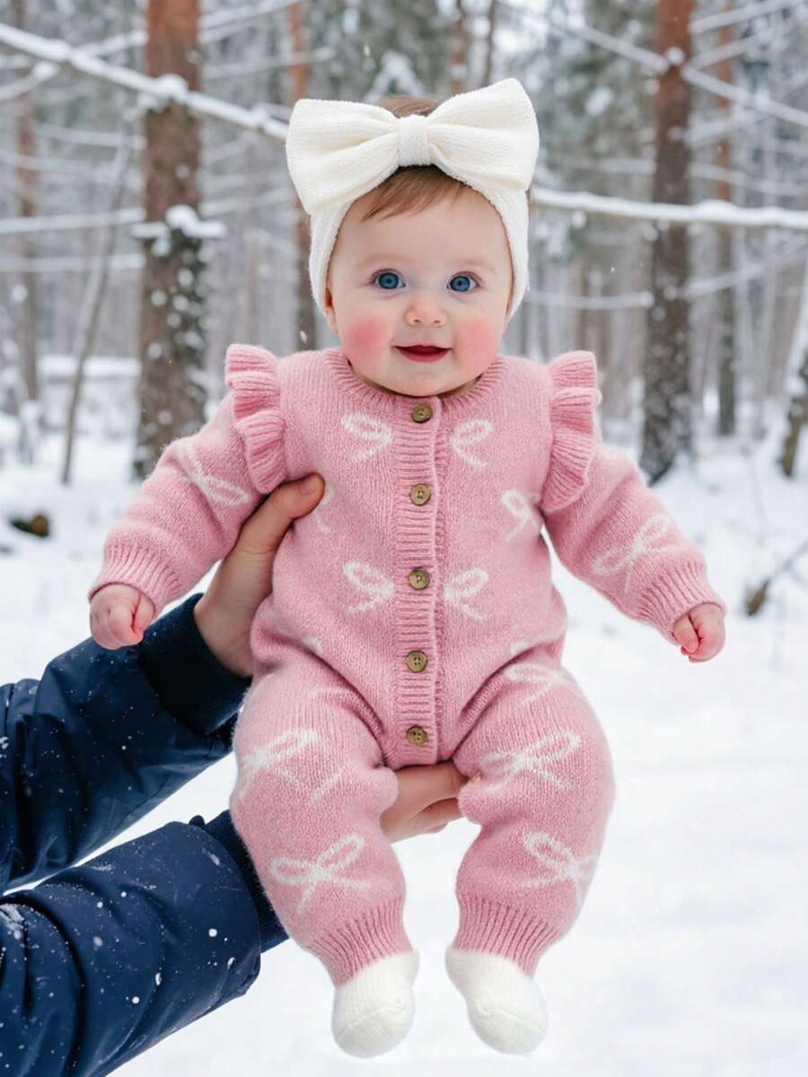 SHEIN 0-3 Months Baby Girl Knitted Romper, Button Front, Bow Tie, Newborn Photography Outfit