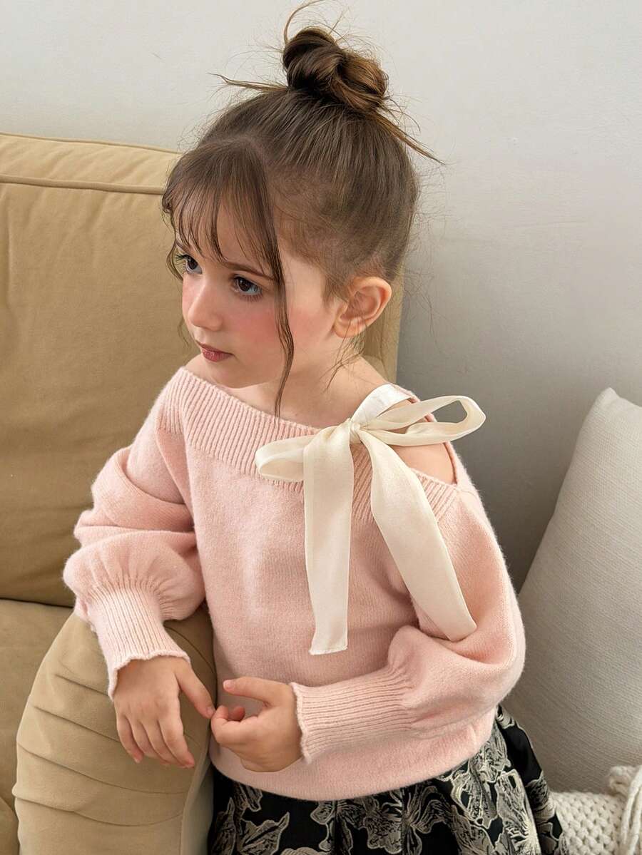 Dazy Kids Young Girl Autumn/Winter Elegant Asymmetrical Collar Tie Sweater - Pink - View 1